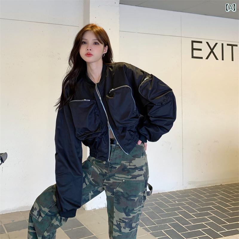 スタジャン レディース おしゃれ カジュアル ジャケット ゆったり アウター アメカジ スプライス 大き ポケット ワークウェア 女性用 春秋 ルーズ ショート オートバイ