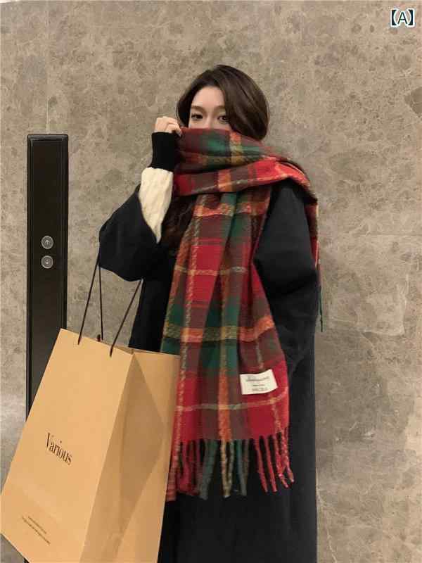 ストール 大判 冬 レディース マフラー おしゃれ カジュアル クリスマス レトロ チェック 柄 女性 入 生 多用途 暖かい ショール(4)