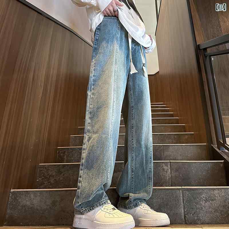 デニムパンツ メンズ ワイド 春夏 ロング丈 ウォッシュ加工 ポケット ドローストリング ストレート ゆったり アメリカン ストリート カジュアル 黒 青 大きいサイズ