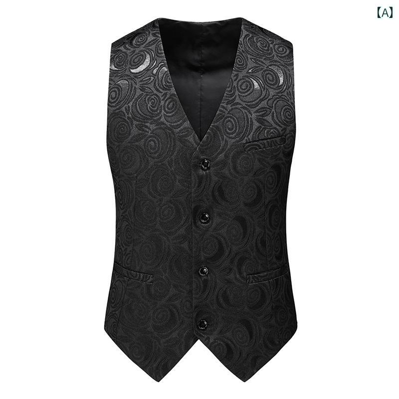 おしゃれ ベスト メンズ 秋 トップス Vネック 前開き 襟なし ポケット 斜め裾 シングルブレスト ジャカード フォーマル パーティー 大きいサイズ 花柄 黒 白