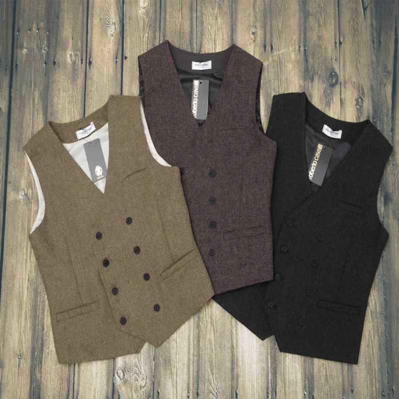 おしゃれ ベスト メンズ 秋冬 トップス Vネック 前開き 襟なし ポケット 斜め裾 ダブルブレスト 厚手 ..