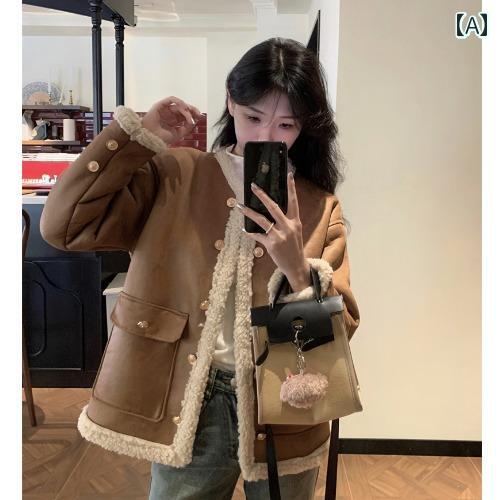 アウター レディース おしゃれ 暖かい 韓国 スエード ジャケット 女性 冬 服 ラウンドネック 厚手 ゆったり 綿 服