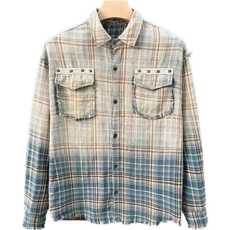 Long-Sleeved - グラデーション シャツ レディース メンズ チェック柄 春秋 アメリカ ヴィンテージ風 長袖 ゆったり 大きいサイズ カジュアル おしゃれ ダメージ加工 青