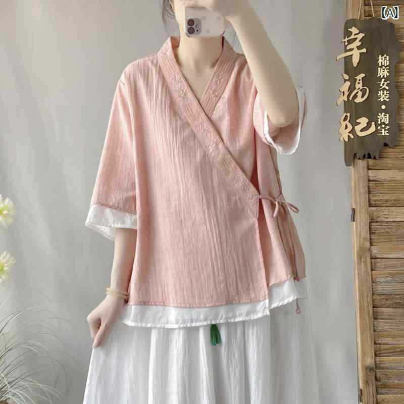 着物風 シャツ レディース 柔らかい 結び トップス チャイナ 薄手 夏 レトロ Vネック 斜め襟 綿麻 漢服 ショート コスプレ 旅行 ゆったり ピンク 緑 白