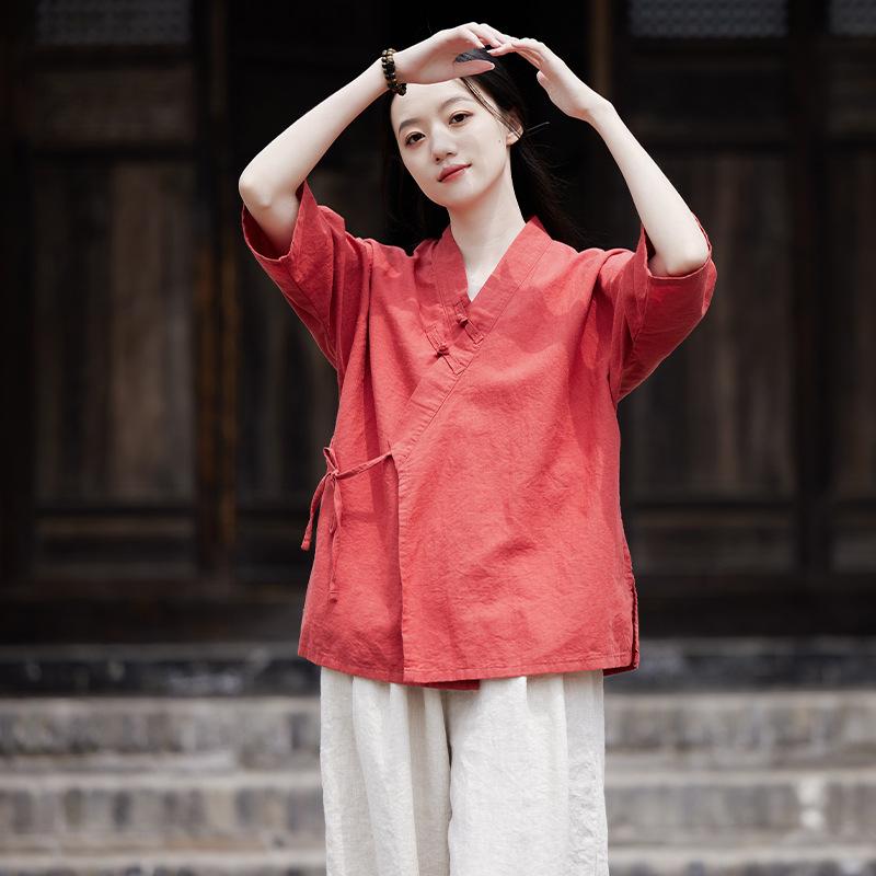着物風 シャツ レディース 柔らかい 結び トップス チャイナ 襟 綿麻 春夏 薄手 Vネック ボタン 斜め 漢服 禅 普段使い 旅行 長袖 白 黄色 赤