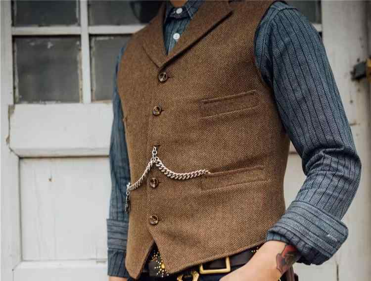 おしゃれ ベスト メンズ 冬 トップス Vネック 前開き 襟付き ポケット 斜め裾 シングルブレスト チェーン スリム ツイード ビジネス カジュアル オフィス 旅行 大きいサイズ 無地 茶色 グレー 紺