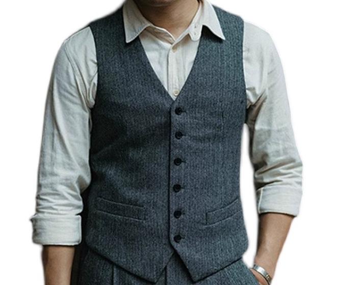 おしゃれ ベスト メンズ 冬 トップス Vネック 前開き 襟なし ポケット 斜め裾 シングルブレスト 厚手 スリム ツイード ウール ビジネス オフィス フォーマル カジュアル 大きいサイズ 無地 グレー
