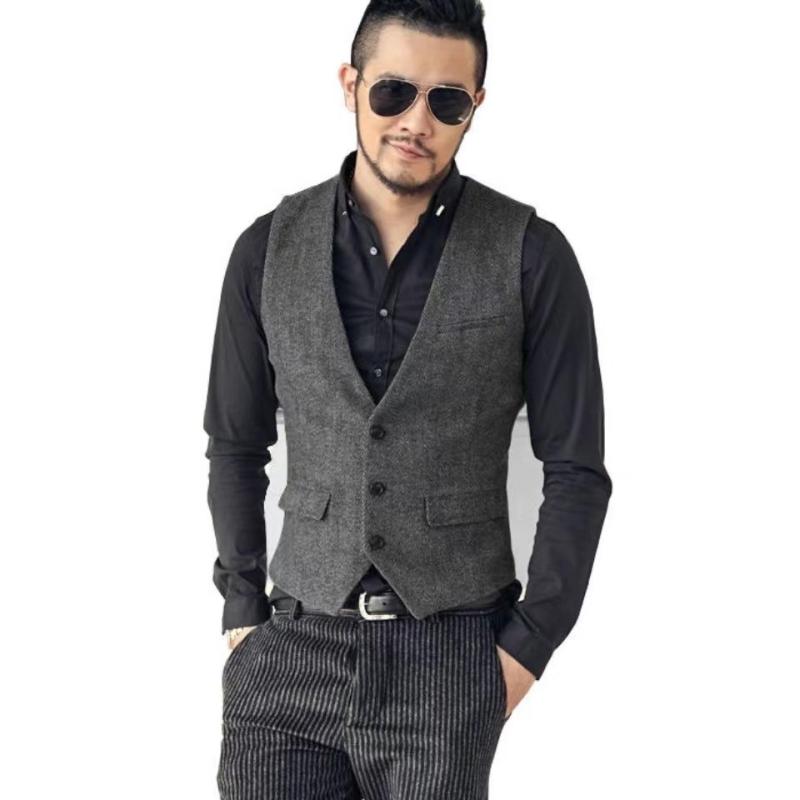 おしゃれ ベスト メンズ 秋 トップス Vネック 前開き 襟なし ポケット 斜め裾 シングルブレスト スリム ウール アウトドア 旅行 カジュアル オフィス フォーマル 大きいサイズ グレー