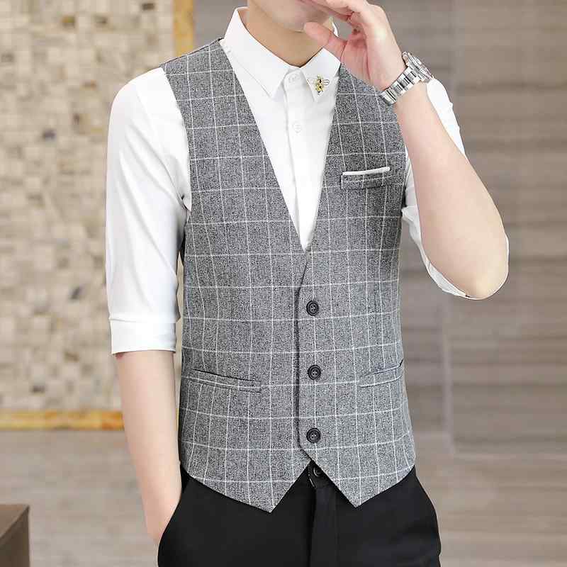 おしゃれ ベスト メンズ 秋 トップス Vネック 前開き 襟なし ポケット 斜め裾 シングルブレスト スリム 薄手 シャツ ビジネス フォーマル カジュアル 大きいサイズ チェック ストライプ 黒 紺 グレー