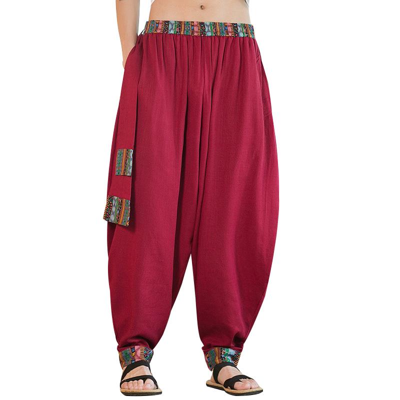 エスニック パンツ アジアン メンズ 中国 プリント コットン ロング丈 ワイド ハーレム 春夏 ゆったり 大きいサイズ ウエストゴム リラックス 普段使い カジュアル 赤 黒(4)