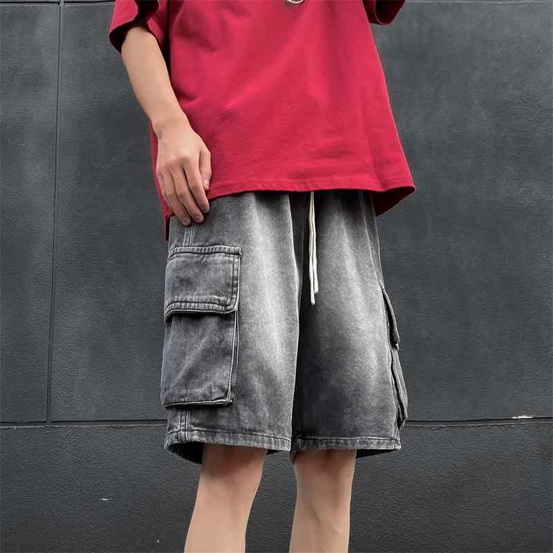 Short, Half Pants - ハーフパンツ デニム メンズ 大人 夏 大きいサイズ ゆったり ワイド ストレート 五分丈 紐 ポケット ウォッシュ加工 ダメージ カジュアル おしゃれ レトロ 青 黒