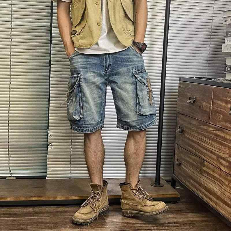 Denim - ハーフパンツ デニム メンズ 大人 夏 薄手 大きいサイズ ゆったり ワイド ストレート 五分丈 ジップアップ ポケット ボタン カジュアル おしゃれ 青 タグ
