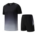スポーツウェア 夏 ユニセックス セットアップ Tシャツ ショートパンツ 速乾 通気 ひんやり 涼しい 大きいサイズ フィットネスジム トレーニング ランニング...