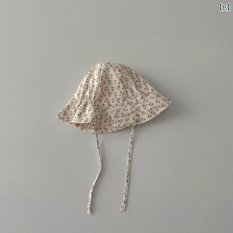 フロントップ楽天市場店のベビー 帽子 女の子 韓国 小花柄 水玉模様 チューリップハット 綿 柔らかい 紐 つば広 日よけ かわいい カントリー調 お出かけ 散歩 アウトドア ピンク 茶 黒｜アングル3
