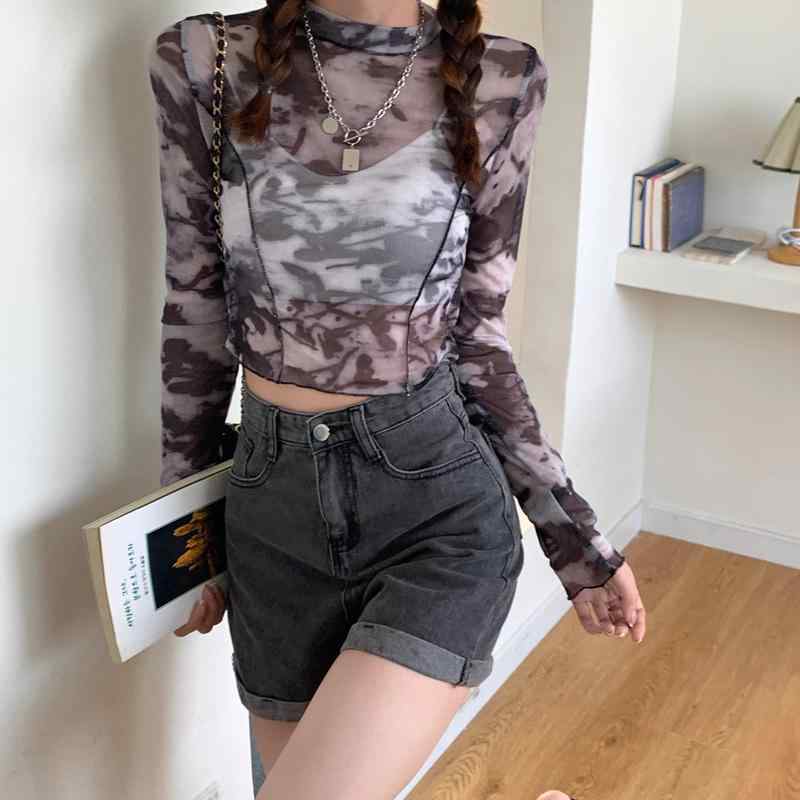 Rakuten - シアー トップス 長袖 レディース シースルー 透け感 カットソー Tシャツ メロウフリル メッシュ プルオーバー ラウンドネック クロップド 重ね着 スリム へそ出し おしゃれ フェミニン セクシー 薄手 夏 グレー マーブル