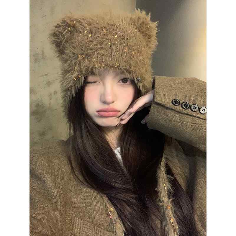 楽天フロントップ楽天市場店ニット帽 レディース くま かわいい 秋冬 ウール 防寒 暖かい 帽子 耳あて 保護 厚手 ビーニー フライトキャップ ポンポン ファー ふわふわ もこもこ ラメ キラキラ 柔らかい 小顔効果 カジュアル 普段使い お出かけ 旅行 青 黒 ベージュ
