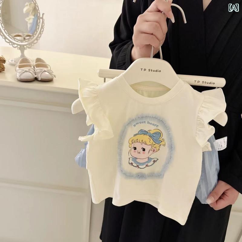 ベビー服 女の子 80 半袖 キッズ 韓国 春夏 綿 トップス ラウンドネック フリル か...