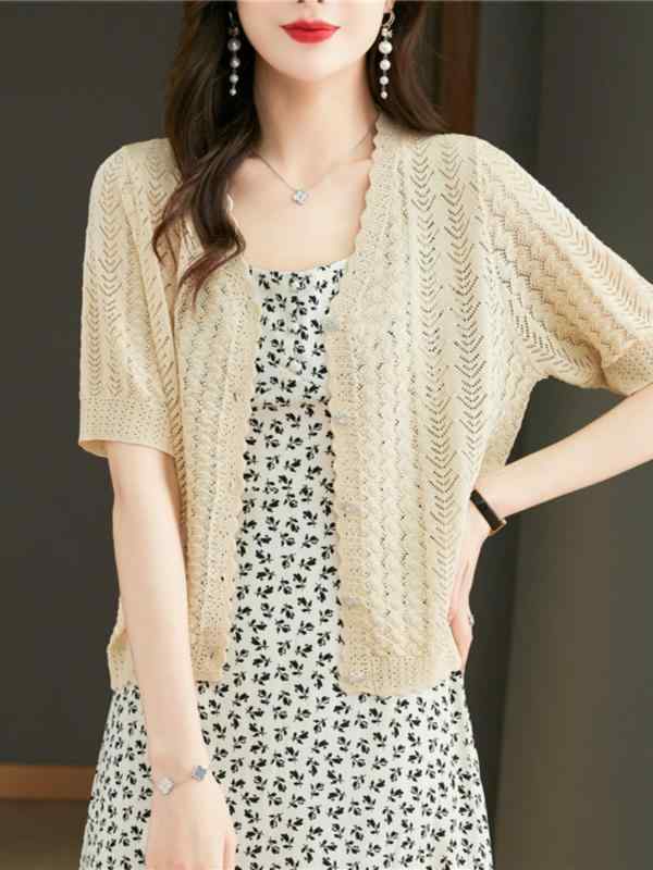 半袖 カーディガン レディース 夏 ひんやり ニット Vネック ショート丈 透かし編み 薄手 通気性 トップス 羽織 無地 カジュアル 大きいサイズ 黒 ベージュ ピンク(4.0)