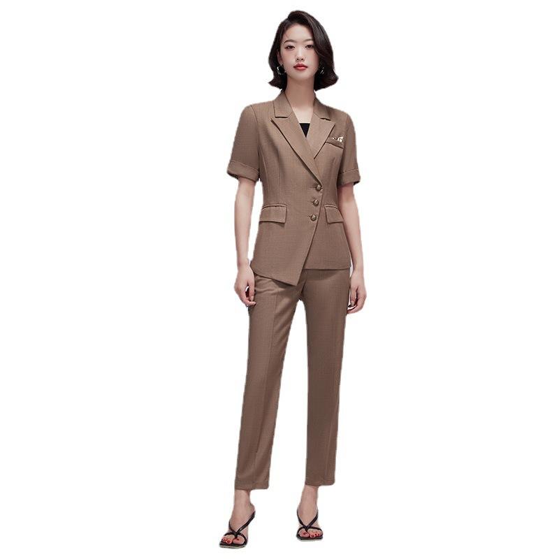 スーツ レディース セットアップ ジャケット パンツ 事務服 ビジネス 通勤 フォーマル オフィス リクルート 礼服 就活 面接 洗える 小さいサイズ 高級感 五分袖 ウエストシェイプ 春秋 紺 カーキ ベージュ 制服 ユニフォーム 30代