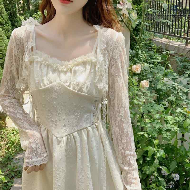 ボレロ 長袖 レディース 大人 韓国 スリムフィット 夏 薄手 日焼け防止 レース フリル リボン フェミニン おしゃれ 黒 白アプリコット