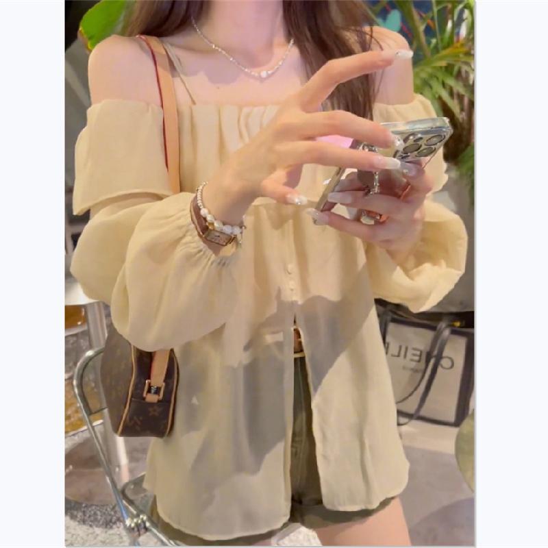 オフショルダー トップス レディース 夏 シフォン フリル 個性的 ゆったり かわいい カジュアル デート 普段使い 長袖 薄手 丈長め シャンパン 黒