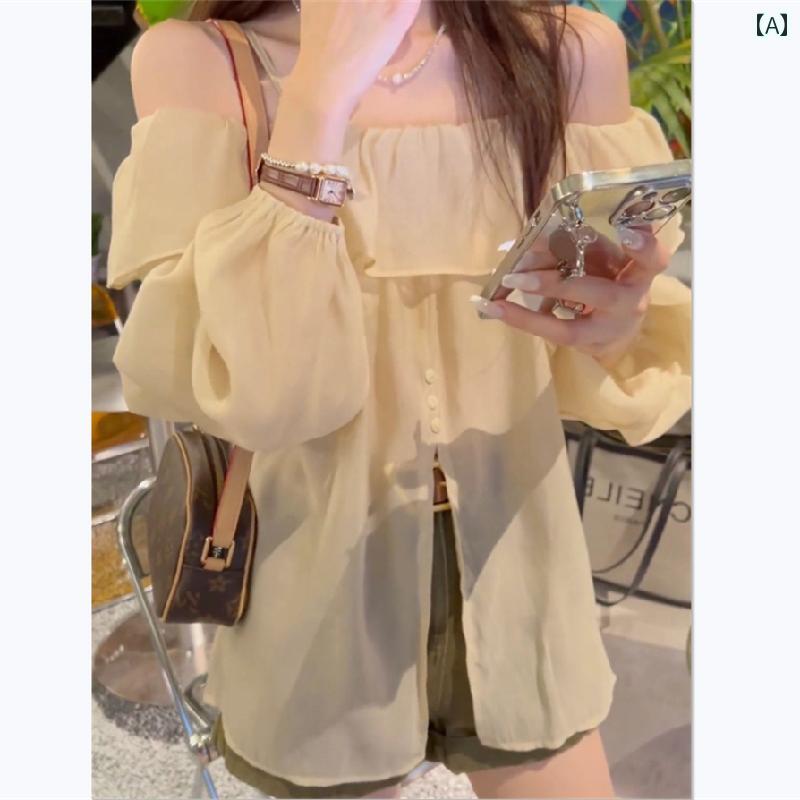 オフショルダー トップス レディース 夏 シフォン フリル 個性的 ゆったり かわいい カジュアル デート 普段使い 長袖 薄手 丈長め シャンパン 黒