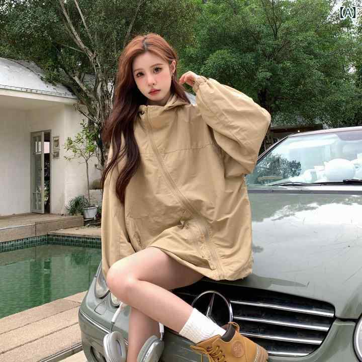 アウター レディース 薄手 夏 日焼け防止 長袖 アウトドア 虫よけ カジュアル フード パーカー 斜め ジッパー 女性 ニッチ ルーズ ウィンドブレーカー