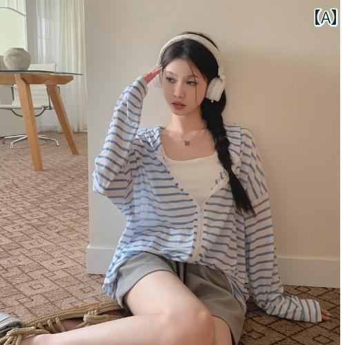 アウター レディース 薄手 夏 日焼け防止 長袖 アウトドア 虫よけ カジュアル ストライプ ジッパー フード パーカー スウェット 女性 春 ゆったり