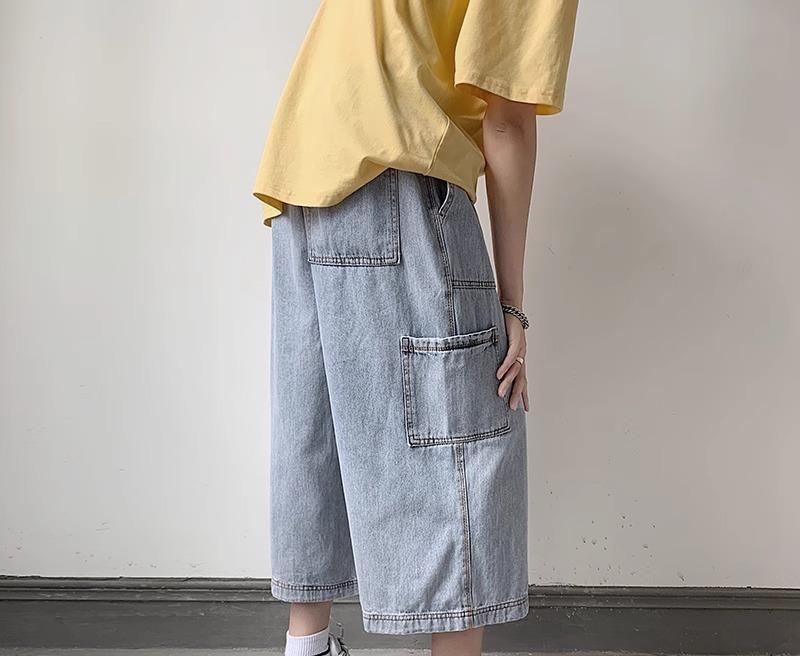 乐天商城 - メンズ ワイドパンツ デニム 作業服 ストリート ストレート ルーズ 大きいサイズ ポケット レトロ クロップド丈 夏 レジャー おしゃれ 青 シンプル アウトドア