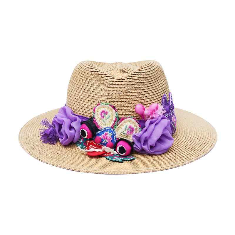 麦わら帽子 レディース 花 刺繍 春夏秋 手織り フラット 日焼け防止 日よけ カーキ エレガント フリーサイズ 旅行 レジャー おしゃれ つば広