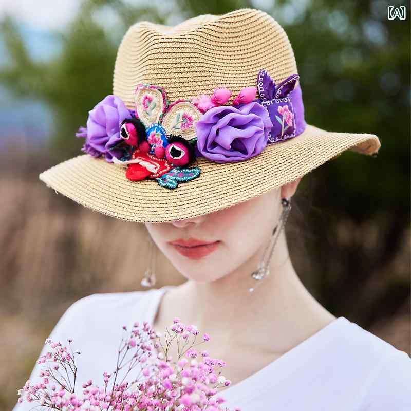 麦わら帽子 レディース 花 刺繍 春夏秋 手織り フラット 日焼け防止 日よけ カーキ エレガント フリーサイズ 旅行 レジャー おしゃれ つば広