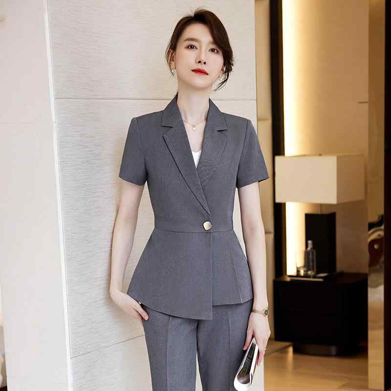 セットアップ レディース 半袖 ジャケット スーツ 上下セット 事務服 ビジネス フォーマル オフィス 接客 ユニフォーム 接触冷感 ポリエステル ストレッチ パンツ スカート 膝丈 春夏 通勤 ネイビー ブラック グレー
