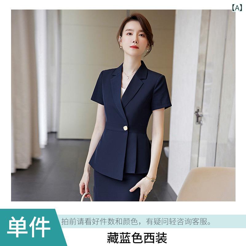 フロントップ楽天市場店のセットアップ レディース 半袖 ジャケット スーツ 上下セット 事務服 ビジネス フォーマル オフィス 接客 ユニフォーム 接触冷感 ポリエステル ストレッチ パンツ スカート 膝丈 春夏 通勤 ネイビー ブラック グレー｜アングル2