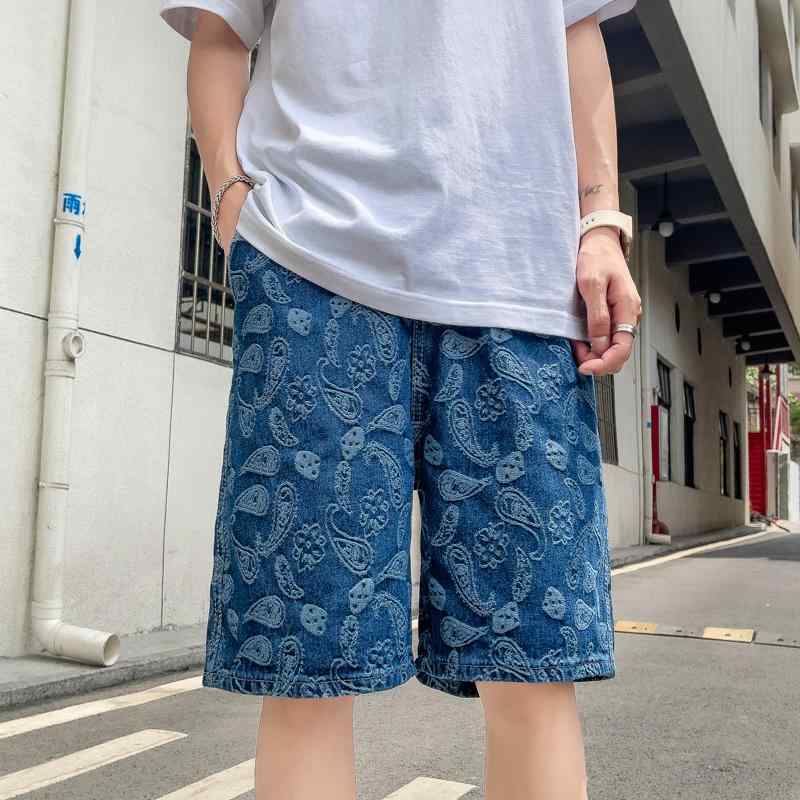 Denim - デニム ハーフパンツ メンズ 短パン 大きいサイズ 春夏 カジュアル 薄手 ストレート 五分丈 ゆったり ワイドレッグ ジップアップ おしゃれ ペイズリー柄 レジャー お出かけ 青