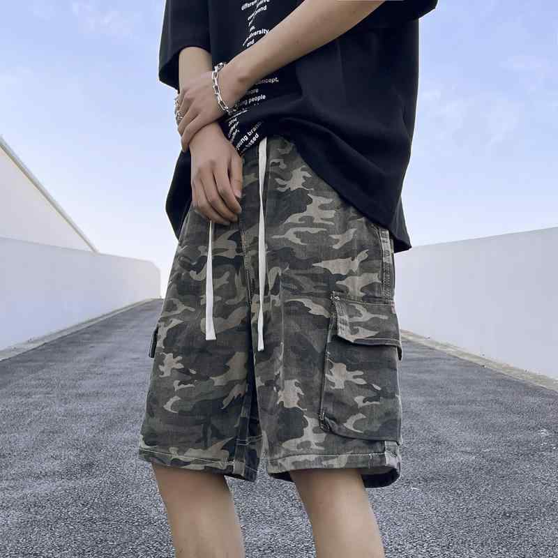 Short, Half Pants - デニム ハーフパンツ メンズ 迷彩 春夏 短パン ゆったり 五分丈 カジュアル ワイドレッグ マルチポケット レトロ おしゃれ ウエストゴム 大きいサイズ 紐 レジャー お出かけ