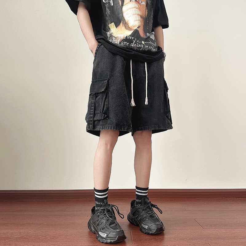 Nylon Shorts - デニム ハーフパンツ メンズ 短パン 春夏 ウエストゴム 紐 五分丈 カジュアル ゆったり ワイドレッグ マルチポケット 大きいサイズ おしゃれ レジャー お出かけ 黒 ピンク 茶色
