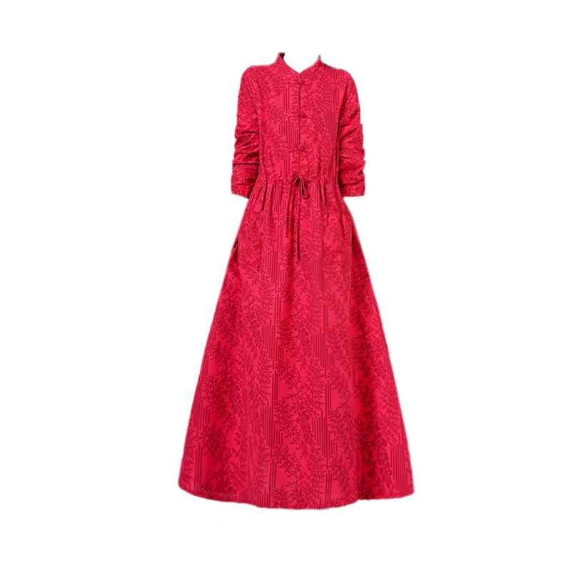 エスニック ワンピース レディース 春秋 スタンドカラー プルオーバー 長袖 ロング Aライン パンコウ ポケット ゆったり チャイナ プリント 旅行 普段使い レトロ おしゃれ 赤 青