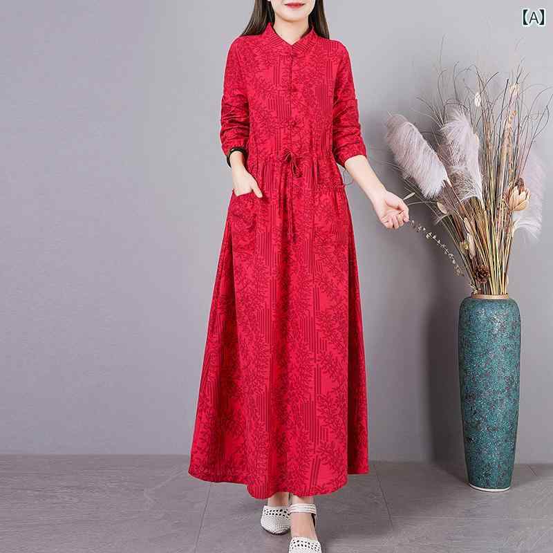 エスニック ワンピース レディース 春秋 スタンドカラー プルオーバー 長袖 ロング Aライン パンコウ ポケット ゆったり チャイナ プリント 旅行 普段使い レトロ おしゃれ 赤 青