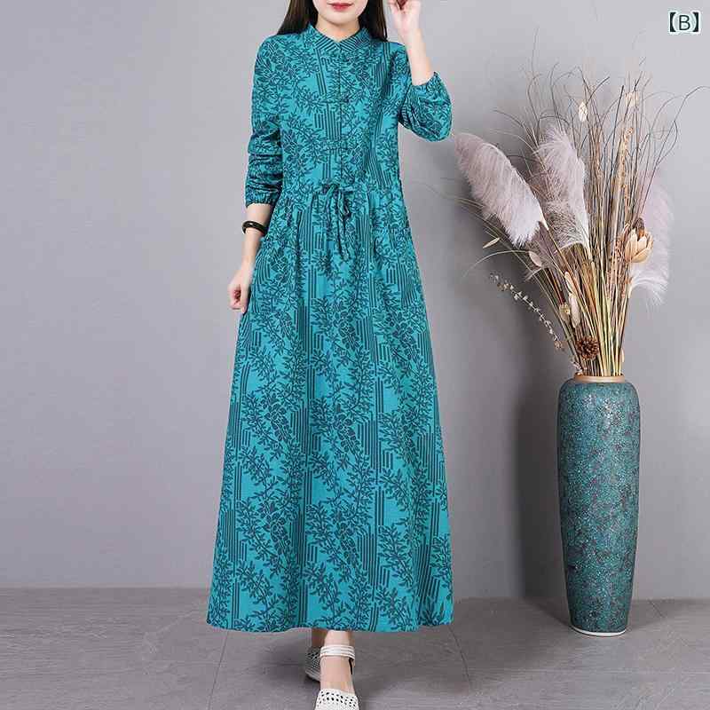 エスニック ワンピース レディース 春秋 スタンドカラー プルオーバー 長袖 ロング Aライン パンコウ ポケット ゆったり チャイナ プリント 旅行 普段使い レトロ おしゃれ 赤 青