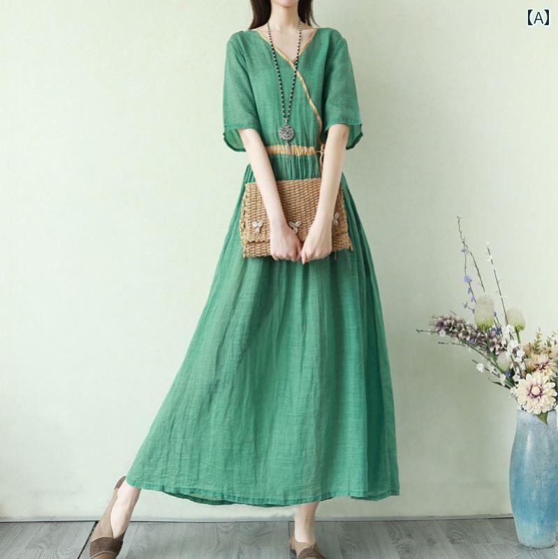 エスニック ワンピース レディース 夏 Vネック 半袖 ロング Aライン プルオーバー 綿 リネン 着痩せ カジュアル 大きいサイズ 無地 緑 ピンク 黄色