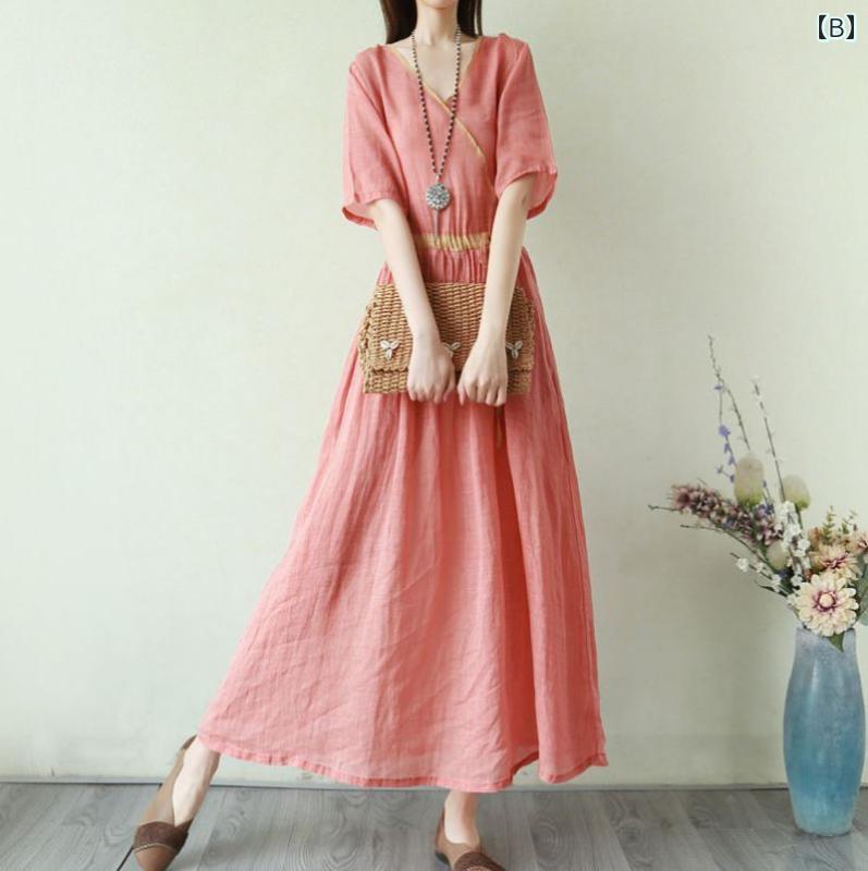 エスニック ワンピース レディース 夏 Vネック 半袖 ロング Aライン プルオーバー 綿 リネン 着痩せ カジュアル 大きいサイズ 無地 緑 ピンク 黄色