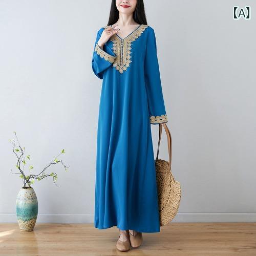 エスニック ワンピース レディース 秋 Vネック 長袖 マキシ Aライン プルオーバー 刺繍 柔らかい 体型カバー 旅行 普段使い おしゃれ 大きいサイズ 青