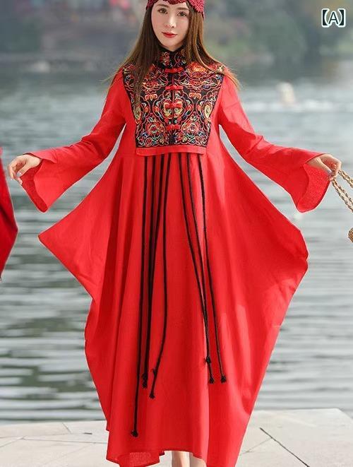 エスニック ワンピース レディース 秋 スタンドカラー 長袖 マンダリンスリーブ ロング パンコウ 綿 刺繍 ダンス パフォーマンス チャイナ レトロ おしゃれ 黒 赤