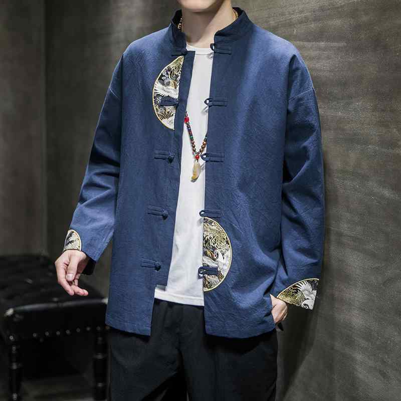 リネン シャツ 長袖 メンズ チャイナ風 ジャケット 春秋 綿 スタンドカラー ボタン スリット 漢服 カンフー レトロ 青 黒 大きいサイズ