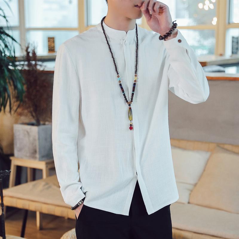 リネン シャツ 長袖 メンズ チャイナ風 トップス ジャケット 春秋 綿 スタンドカラー ボタン 漢服 カンフー レトロ シンプル 白 黒 紺 大きいサイズ