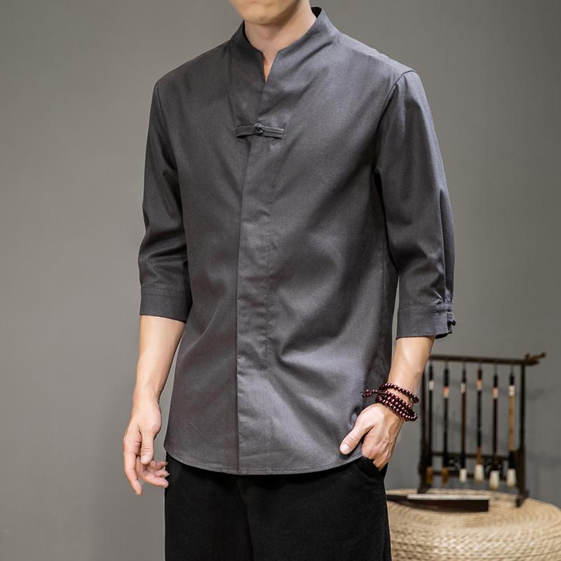 リネンシャツ スタンドカラー メンズ 大きいサイズ スリムフィット 夏 チャイナ風 漢服 レトロ 七分袖 Vネック 比翼ボタン おしゃれ シンプル 無地 黒 アイボリー グレー