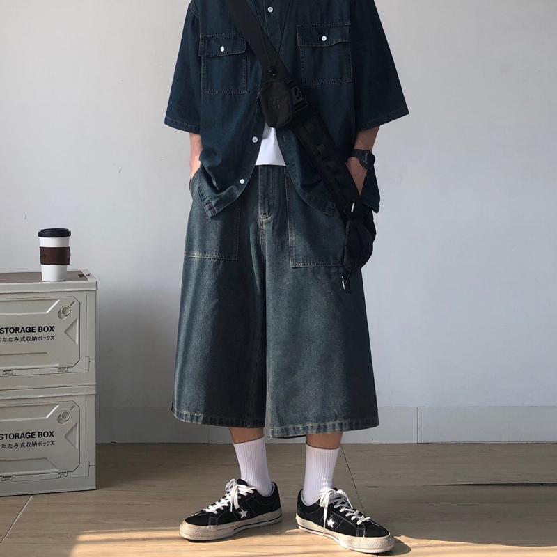 Cropped Pants - メンズ ワイド ハーフ パンツ 男性 紳士 夏 七分丈 デニム ゆったり ルーズ カジュアル ワークウェア レトロ 青 ウォッシュ ポケット