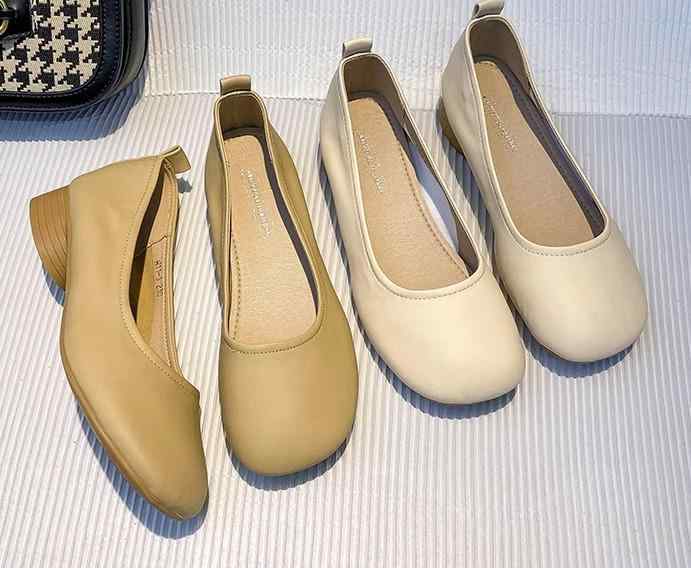 パンプス 太ヒール きれいめ カジュアル 春秋 ラウンドトゥ スリッポン 歩きやすい 柔らかい シンプル 上品 通勤 オフィス ベージュ(4)