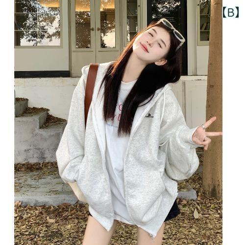 パーカー レディース おしゃれ ゆったり カジュアル 長袖 オーバー サイズ 刺繍 文字 ジップアップ フード スウェット ジャケット 女性 春秋