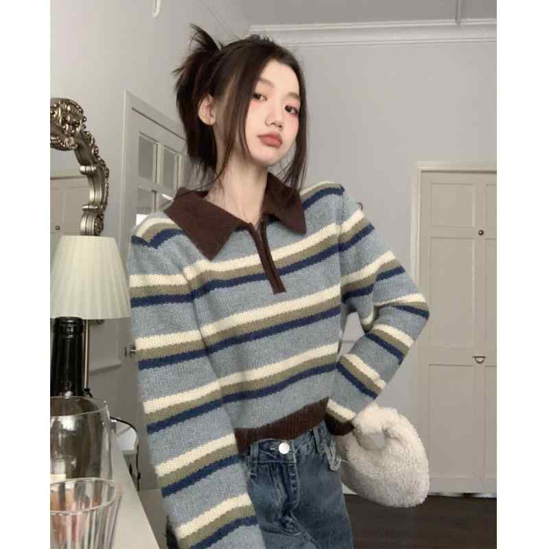 ニット レディース トップス 秋 長袖 襟付き 女性 レトロ ポロ襟 ショート セーター ゆったり スリム コントラストカラー ストライプ